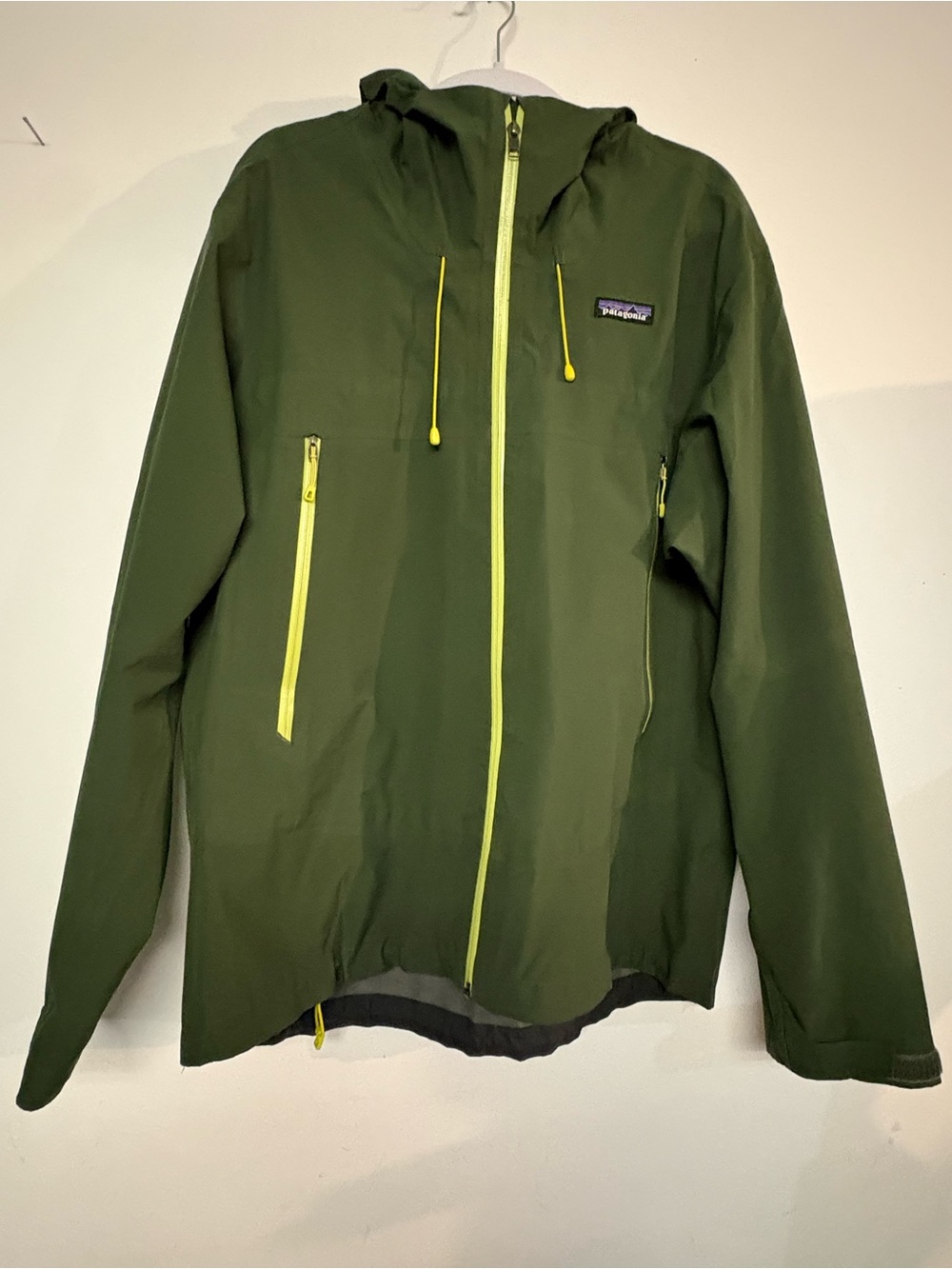 Patagonia Olive Green Rain Jacket with Neon Yellow Accents